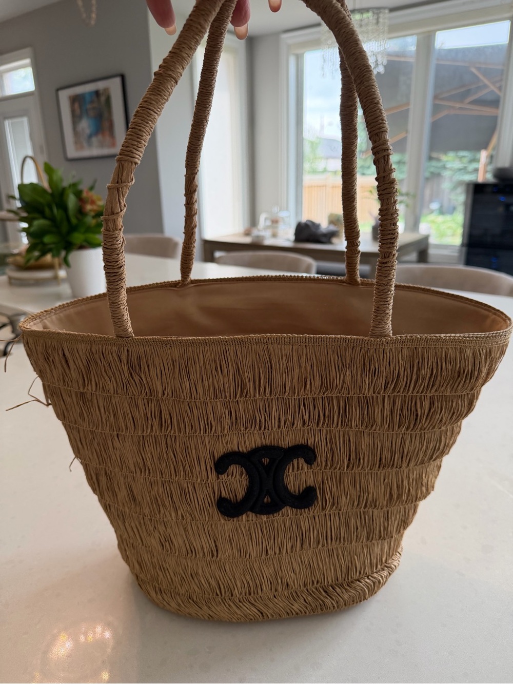 Woven Straw Tote Bag with Black Logo Accent